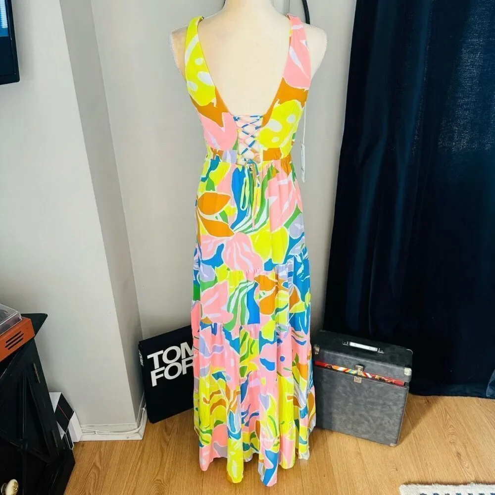 Maaji Selvatik Marea Knit Cover-Up Maxi Dress, Yellow/Blue‎ Size Small 2/4, NWT
